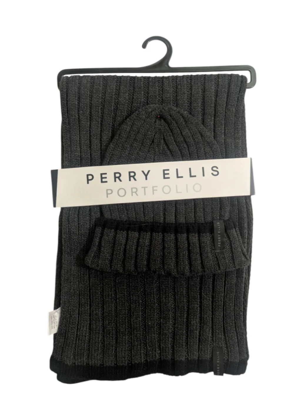 Perry Ellis Charcoal Ribbed Beanie Scarf Set NWT